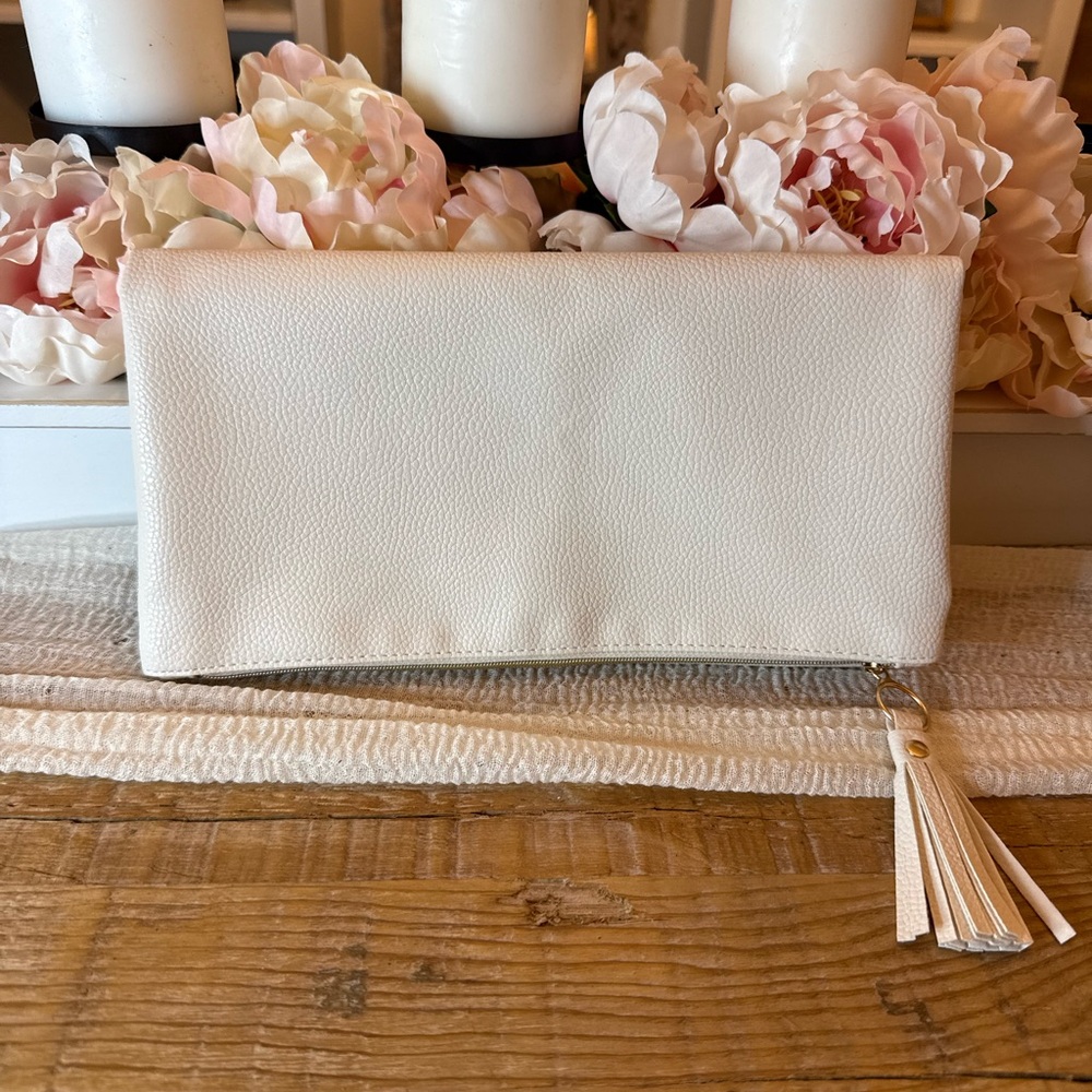 Rachel Miriam Elegant White Clutch with Tassel
